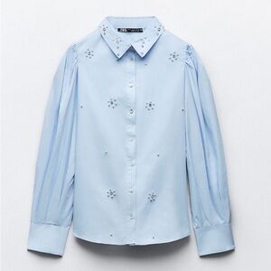 NWOT ZARA WOMAN COLLARED JEWEL And PEARL SHIRT TOP BLUE